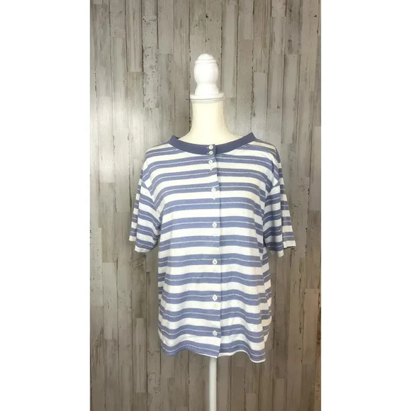 Vintage Pan-Z Men's Blue White Striped Short Sleeve Button-Up Shirt Size Medium - Picture 1 of 5